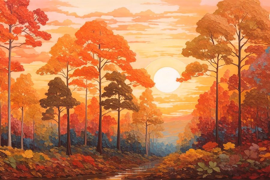 Schilderij van een bos met bomen en een rivier