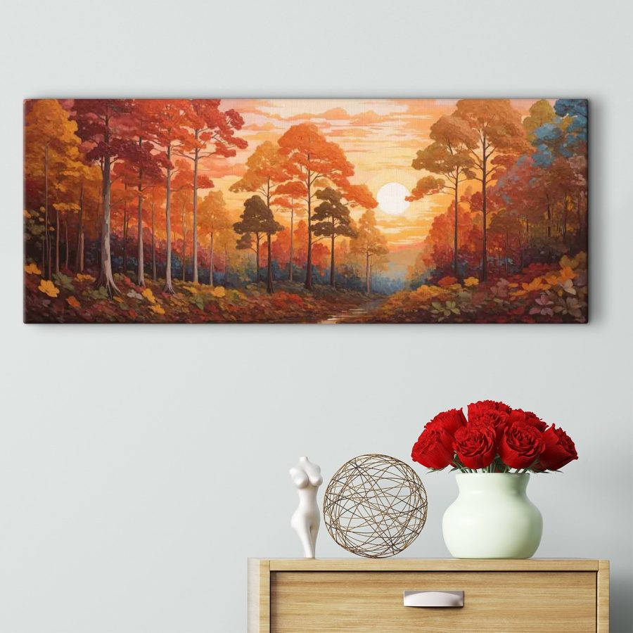 Schilderij van een bos met bomen en een rivier