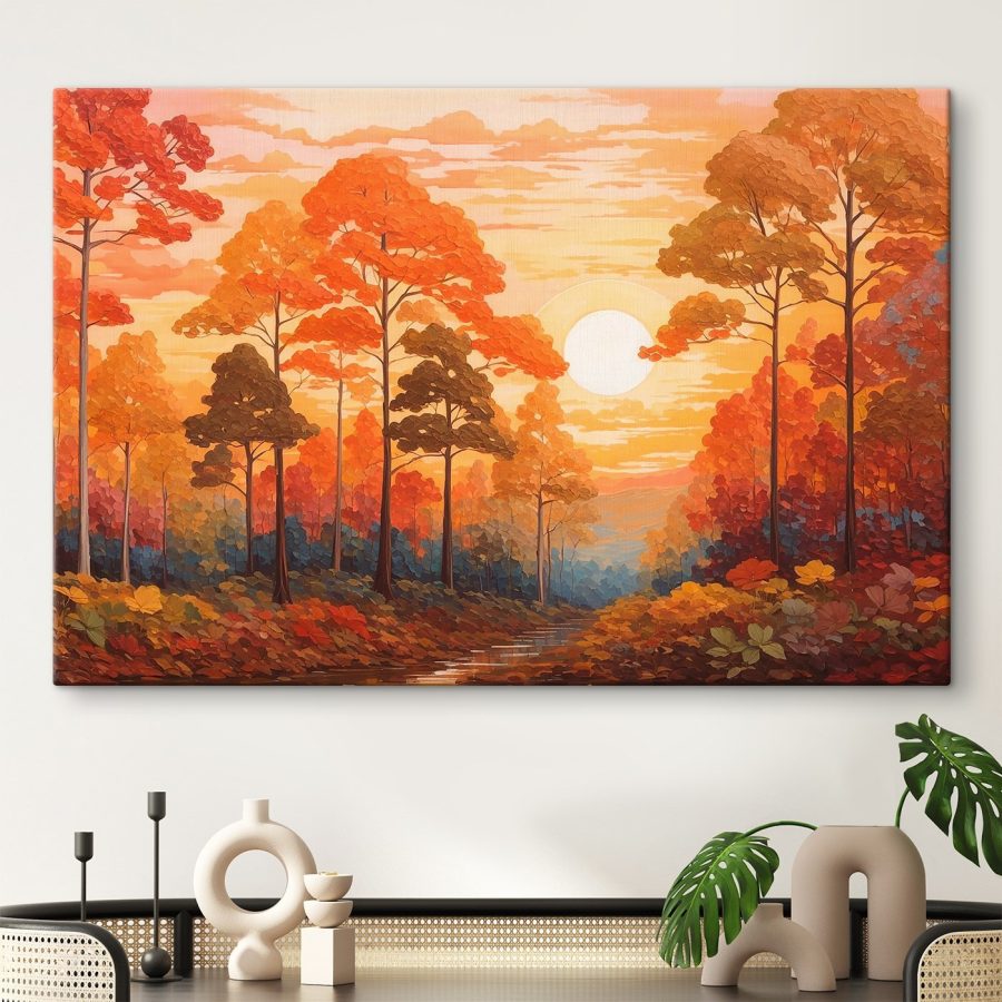 Schilderij van een bos met bomen en een rivier