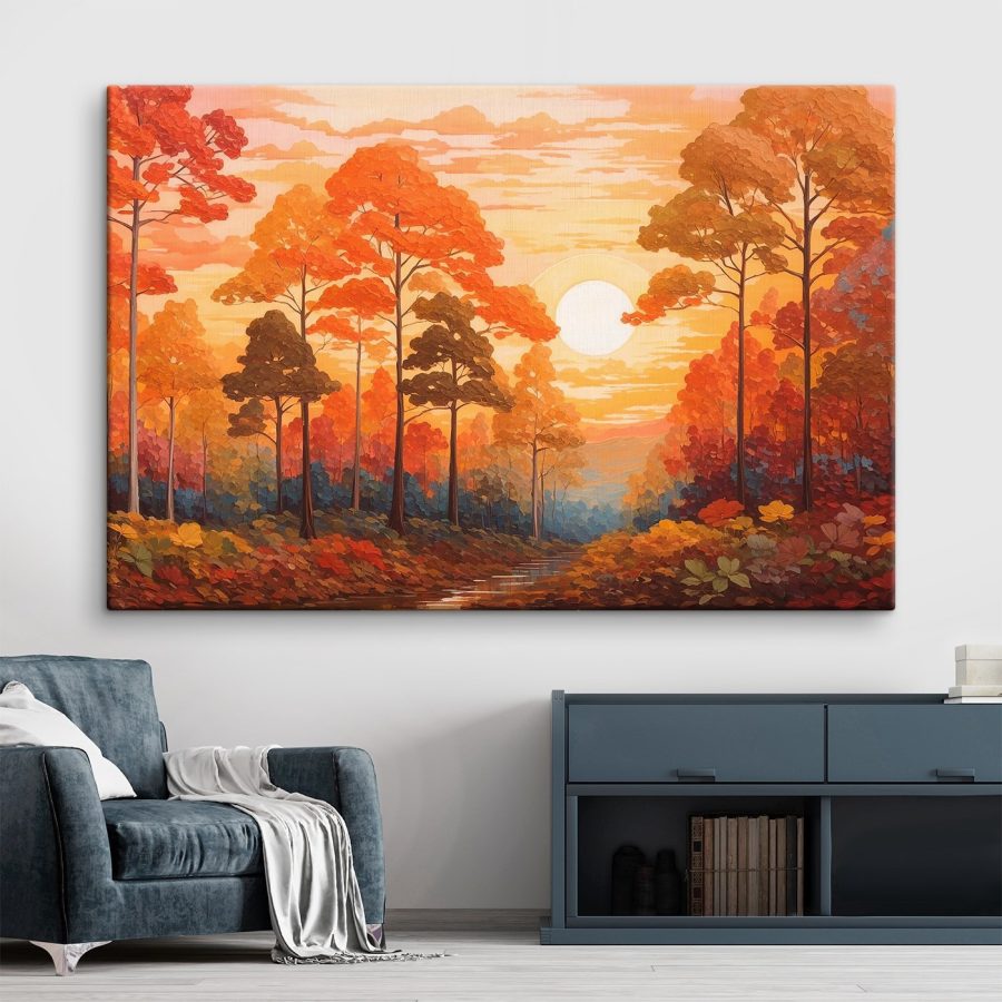 Schilderij van een bos met bomen en een rivier