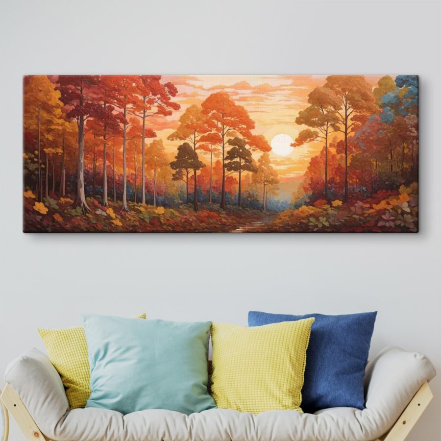 Schilderij van een bos met bomen en een rivier