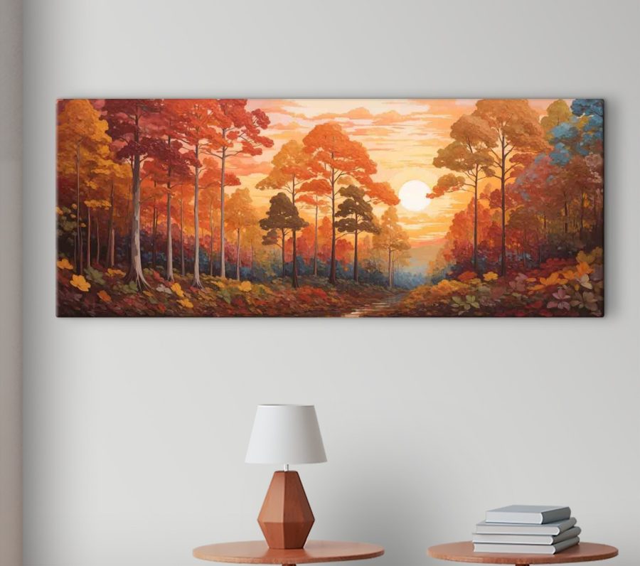 Schilderij van een bos met bomen en een rivier