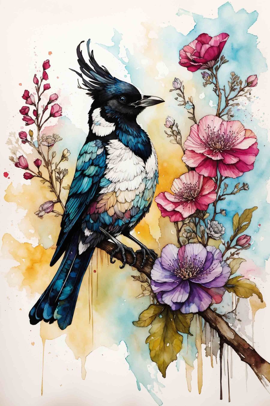 Vogel op een tak met bloemen