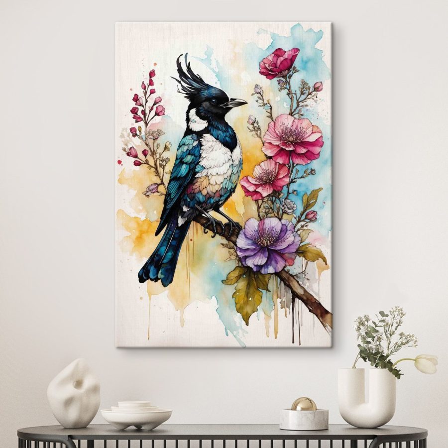 Vogel op een tak met bloemen