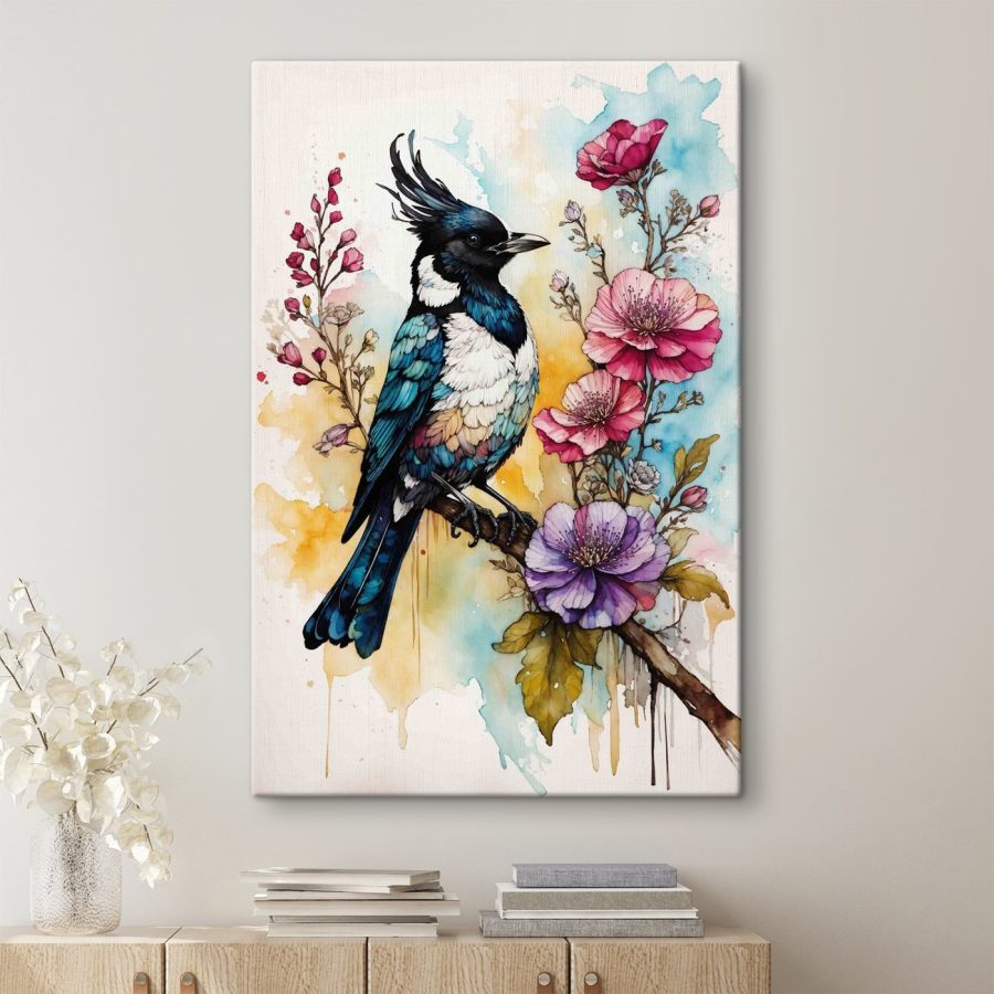 Vogel op een tak met bloemen