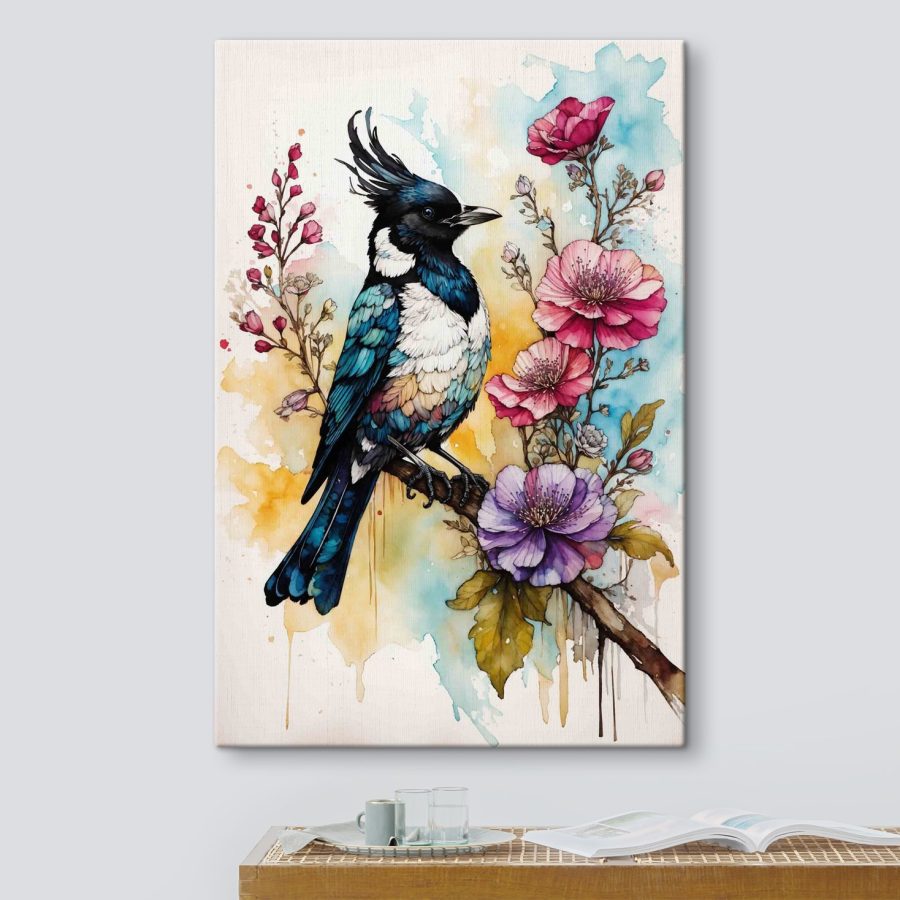 Vogel op een tak met bloemen