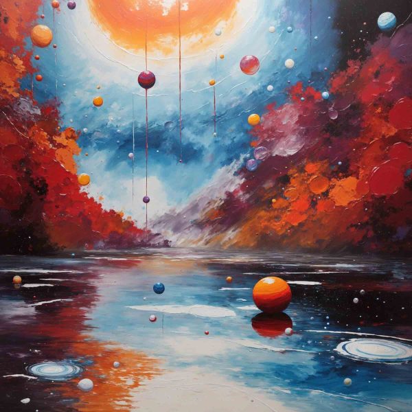 Schilderij van een meer met kleurrijke ballen en lichtjes Schilderij van een meer met kleurrijke ballen en lichtjes