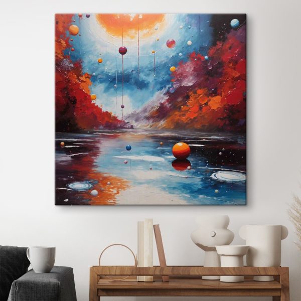 Schilderij van een meer met kleurrijke ballen en lichtjes Schilderij van een meer met kleurrijke ballen en lichtjes