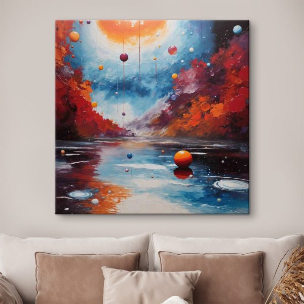 Schilderij van een meer met kleurrijke ballen en lichtjes Schilderij van een meer met kleurrijke ballen en lichtjes