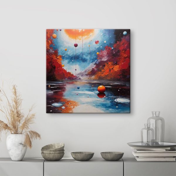 Schilderij van een meer met kleurrijke ballen en lichtjes Schilderij van een meer met kleurrijke ballen en lichtjes