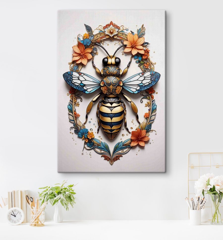 Bij met bloemen eromheen