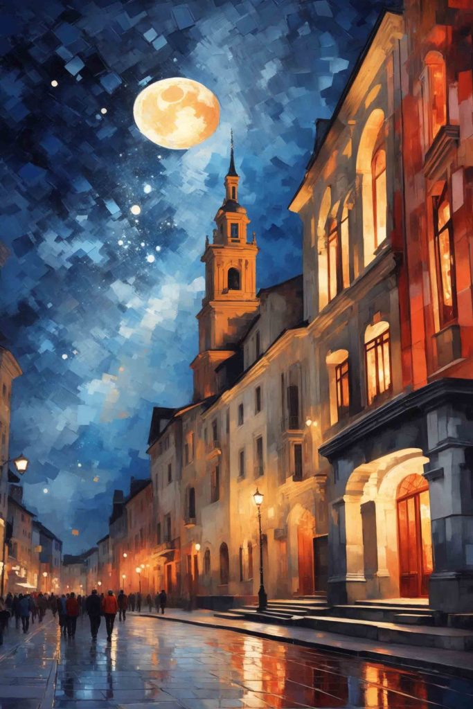 Street with buildings and a moon Street with buildings and a moon
