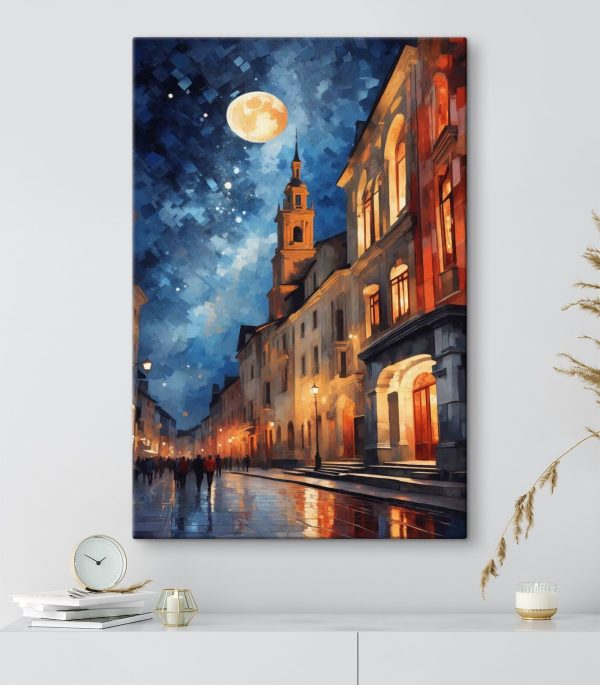 Straat met gebouwen en een maan Straat met gebouwen en een maan