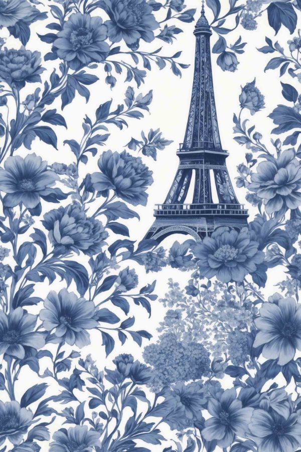 Blauw en wit bloemenpatroon met een toren Blauw en wit bloemenpatroon met een toren