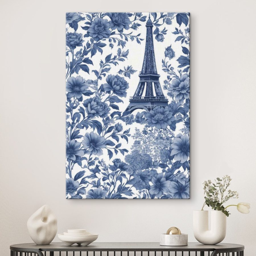 Blauw en wit bloemenpatroon met een toren