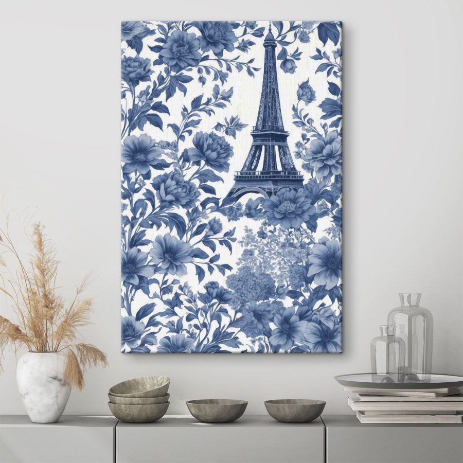 Blauw en wit bloemenpatroon met een toren