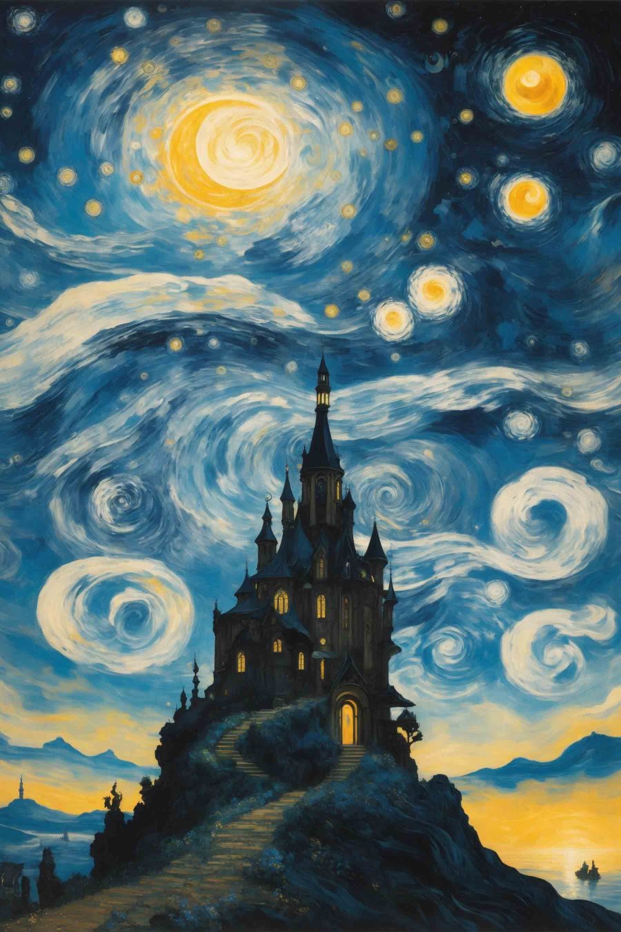 Schilderij van een kasteel in de nachtelijke hemel