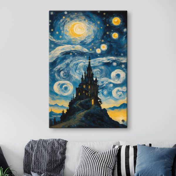 Schilderij van een kasteel in de nachtelijke hemel Schilderij van een kasteel in de nachtelijke hemel