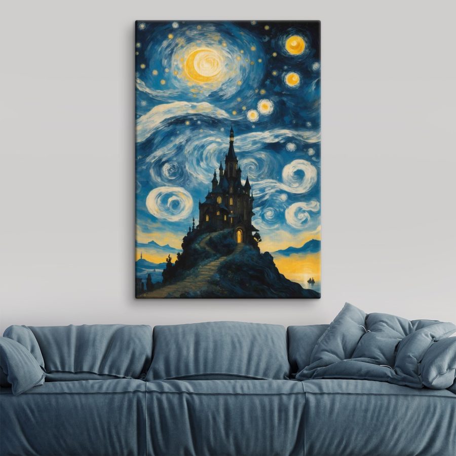 Schilderij van een kasteel in de nachtelijke hemel