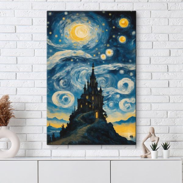 Schilderij van een kasteel in de nachtelijke hemel Schilderij van een kasteel in de nachtelijke hemel