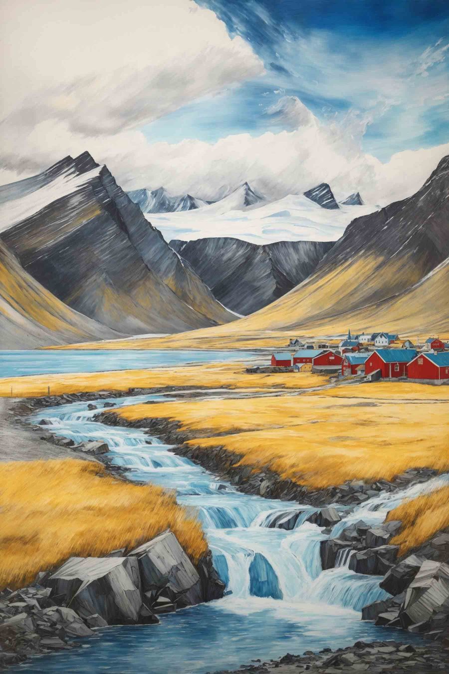 Rivier stroomt door een vallei met bergen en een dorp