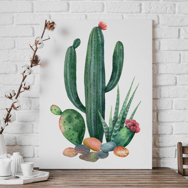Aquarel van een cactus en rotsen Aquarel van een cactus en rotsen