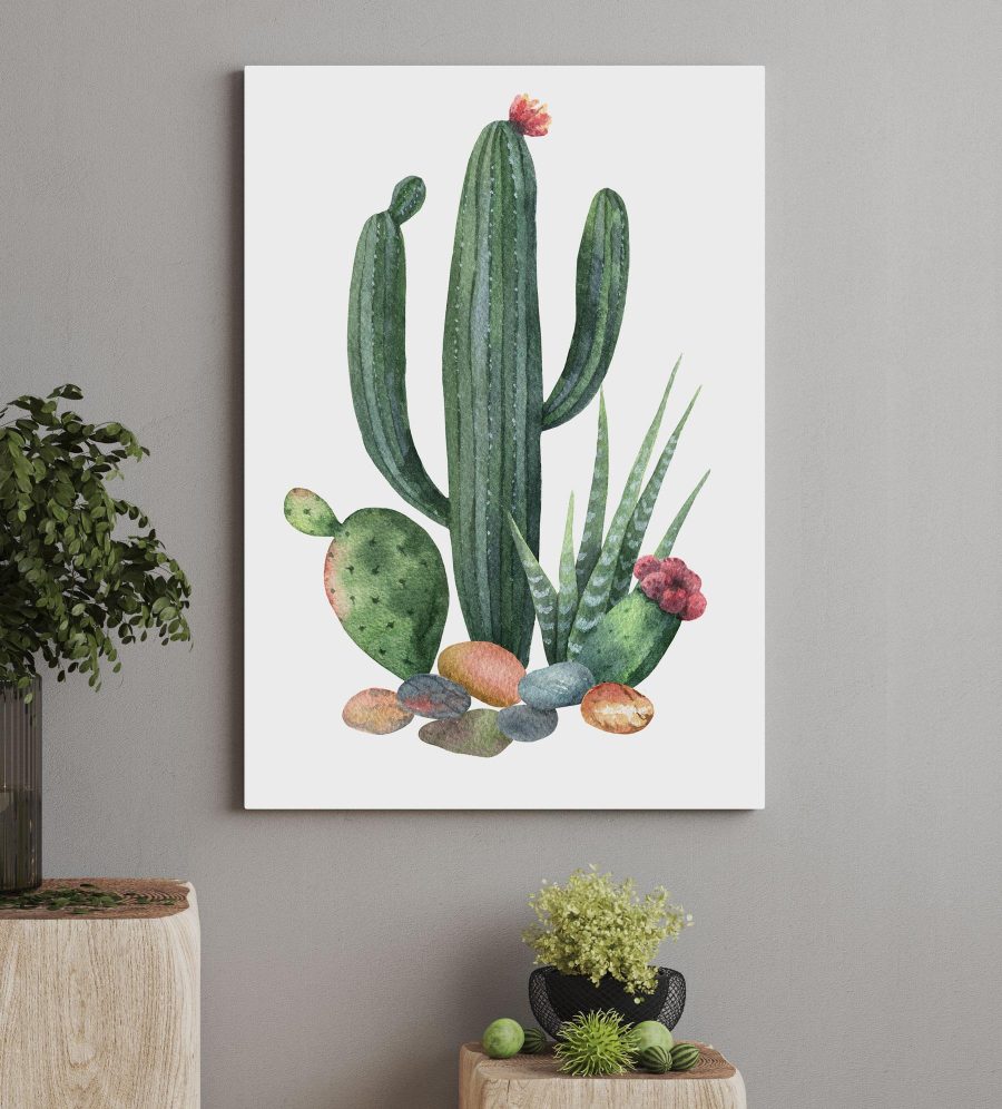 Aquarel van een cactus en rotsen Aquarel van een cactus en rotsen