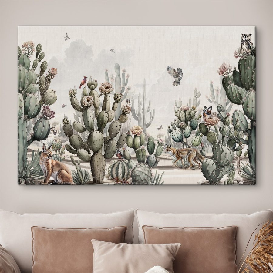 Groep cactussen en vogels