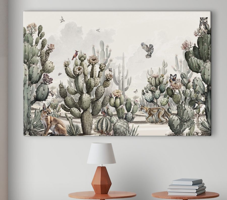 Groep cactussen en vogels