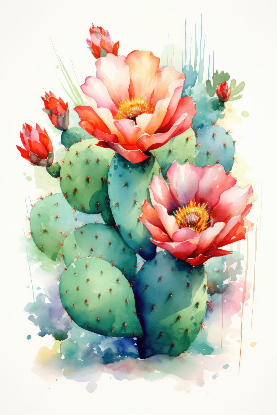 Aquarel van een cactus met bloemen