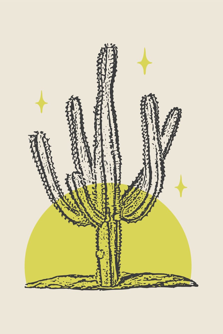 Cactus met gele cirkel en sterren