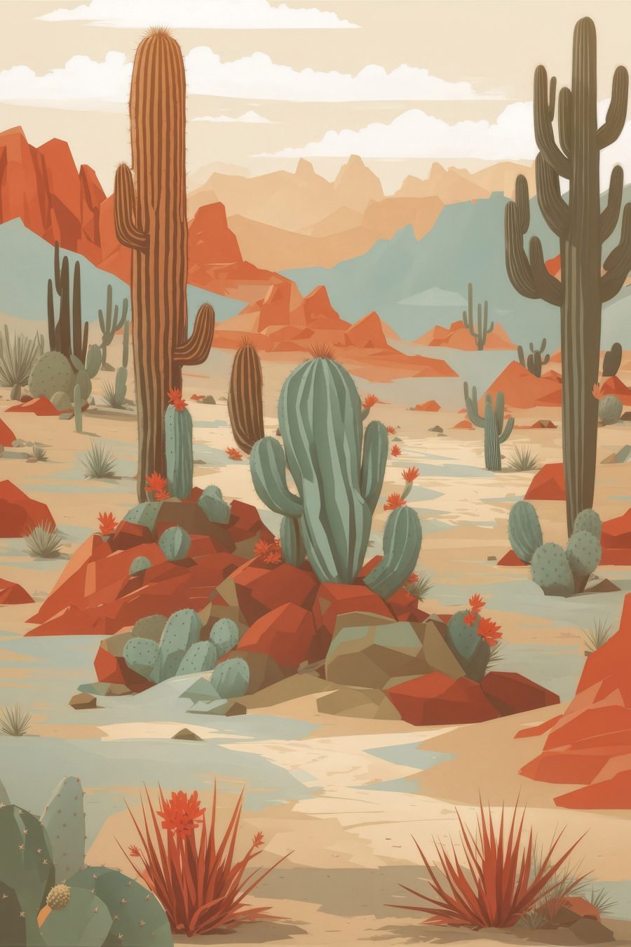 Woestijnlandschap met cactussen en rotsen Woestijnlandschap met cactussen en rotsen