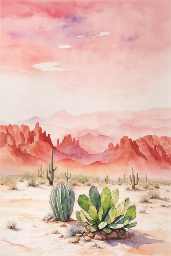 Aquarel van een woestijnlandschap met cactussen en bergen Aquarel van een woestijnlandschap met cactussen en bergen