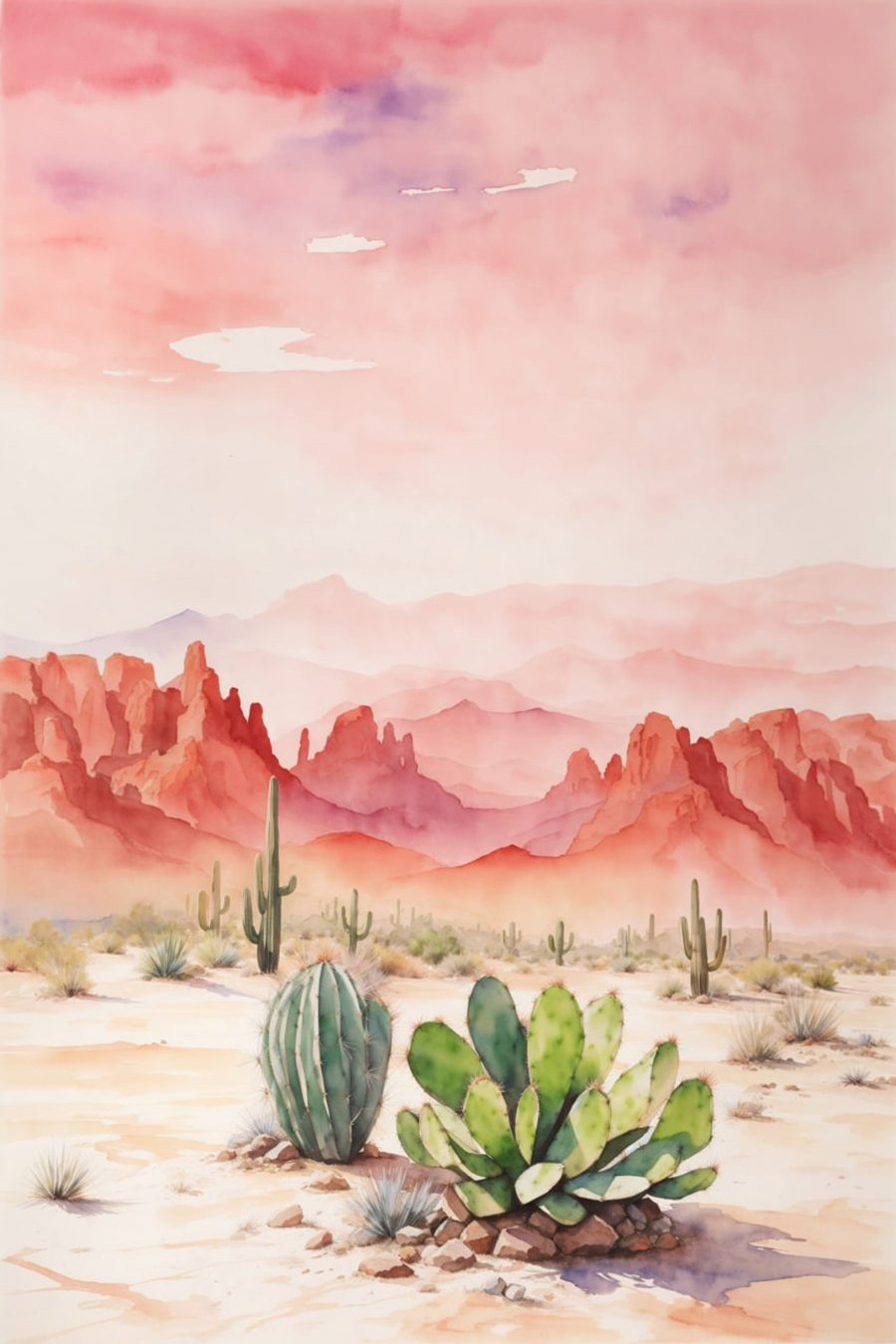 Aquarel van een woestijnlandschap met cactussen en bergen Aquarel van een woestijnlandschap met cactussen en bergen