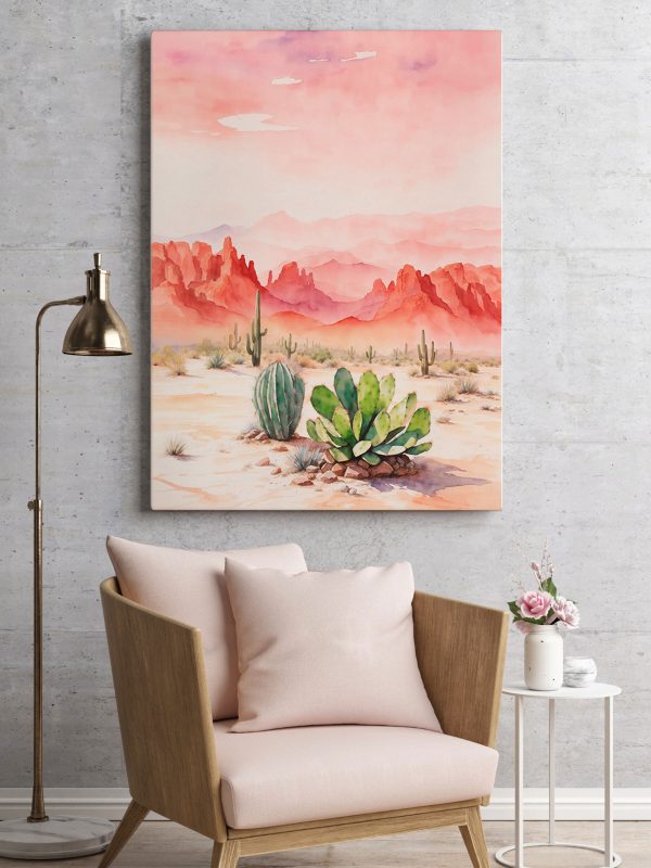 Aquarel van een woestijnlandschap met cactussen en bergen Aquarel van een woestijnlandschap met cactussen en bergen