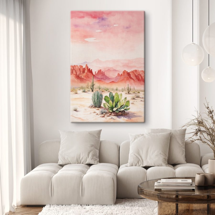 Aquarel van een woestijnlandschap met cactussen en bergen Aquarel van een woestijnlandschap met cactussen en bergen