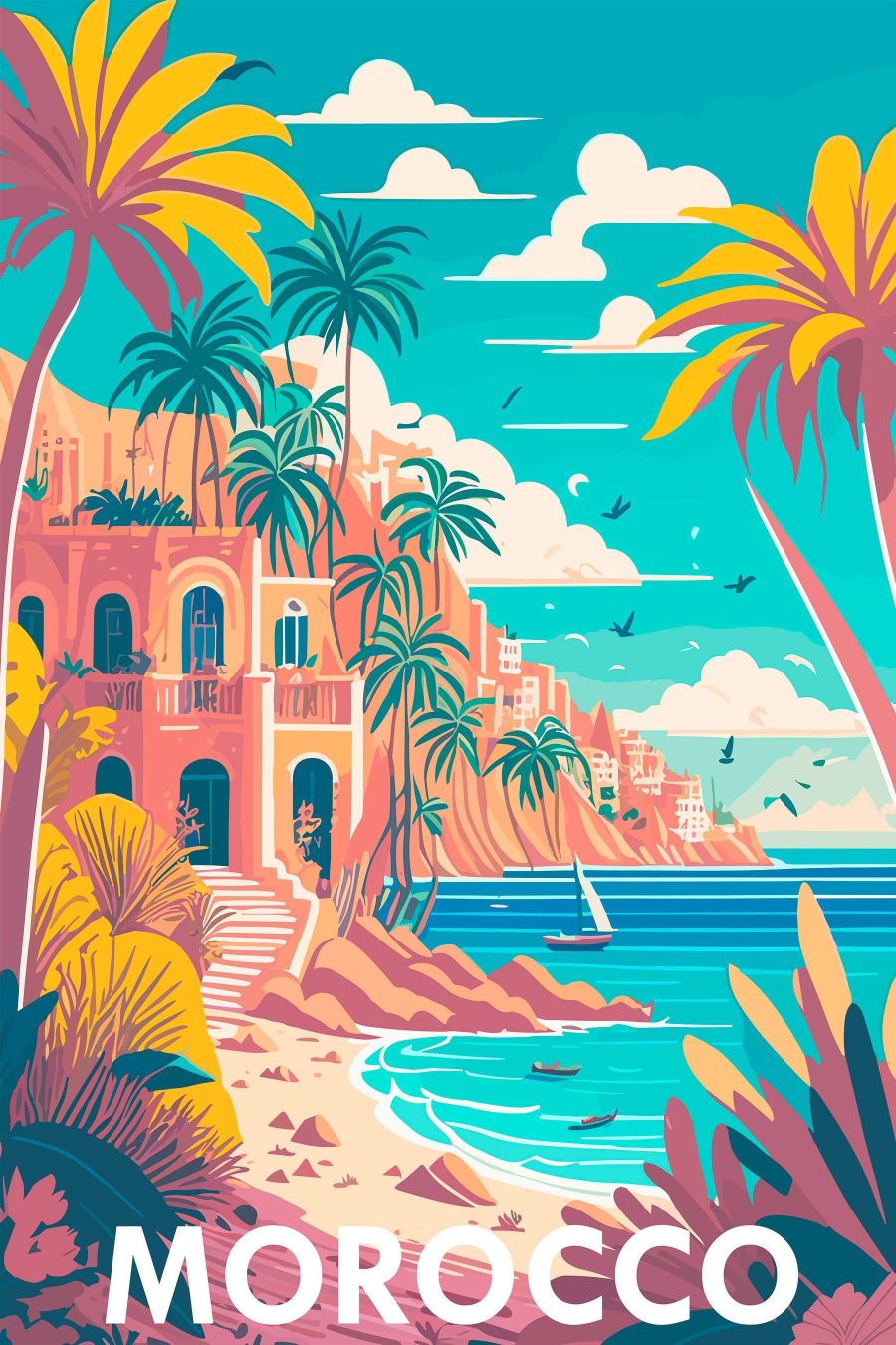 Strand met palmbomen en gebouwen