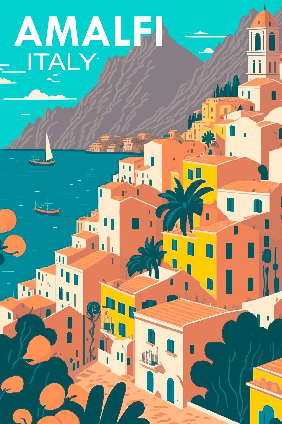 Cartoon van een stad aan het water