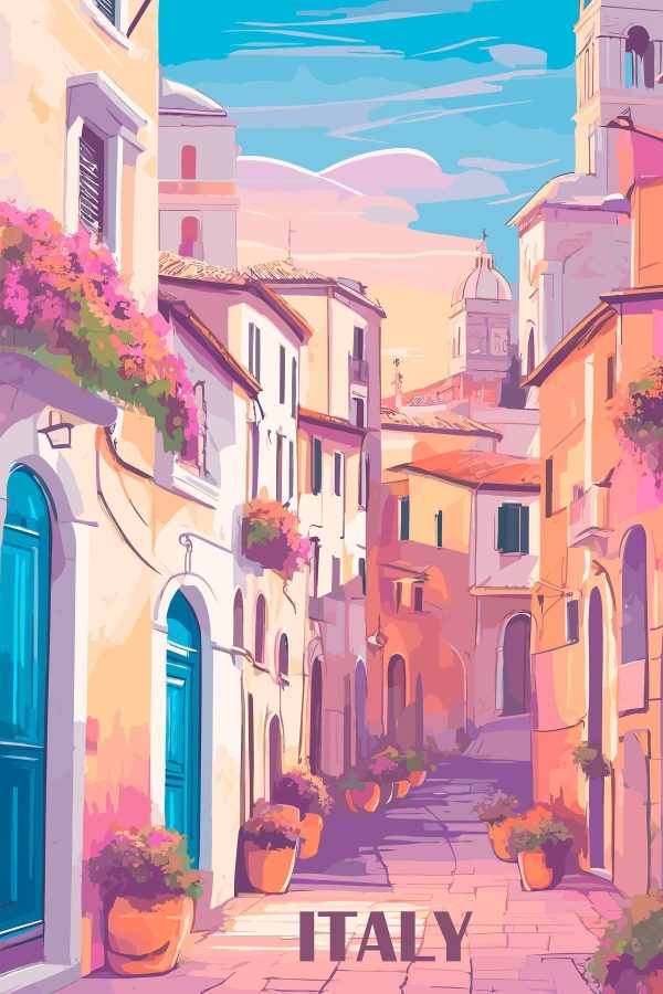 Schilderij van een straat met gebouwen en bloemen Schilderij van een straat met gebouwen en bloemen