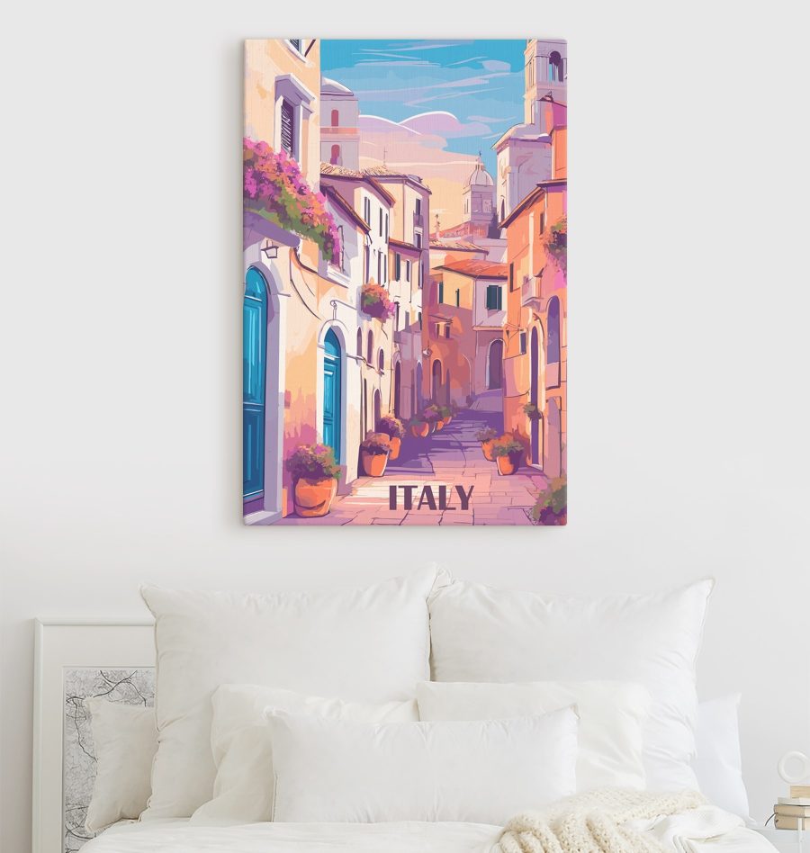Schilderij van een straat met gebouwen en bloemen