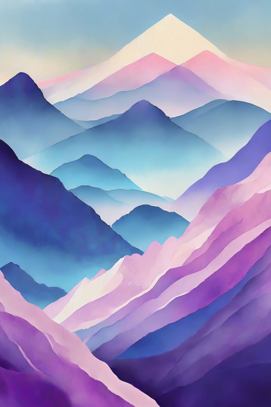 Schilderij van bergen met paarse en blauwe kleuren