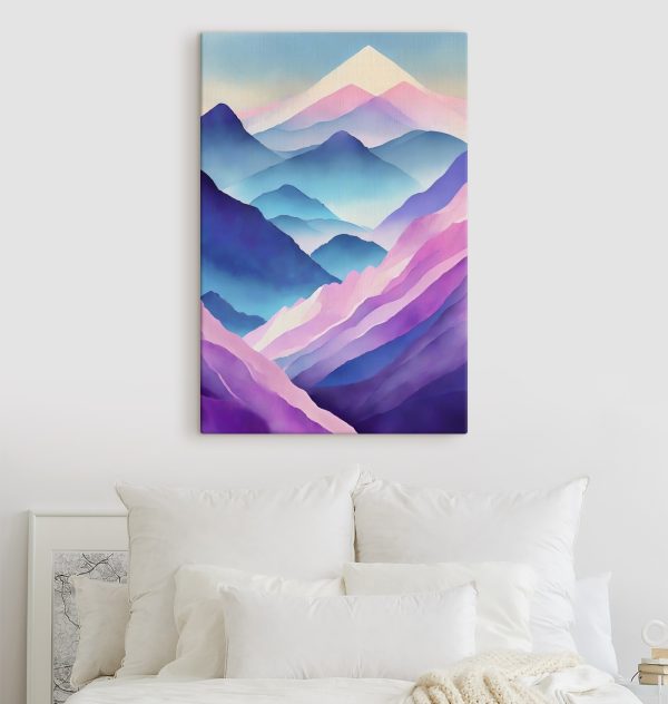 Schilderij van bergen met paarse en blauwe kleuren Schilderij van bergen met paarse en blauwe kleuren