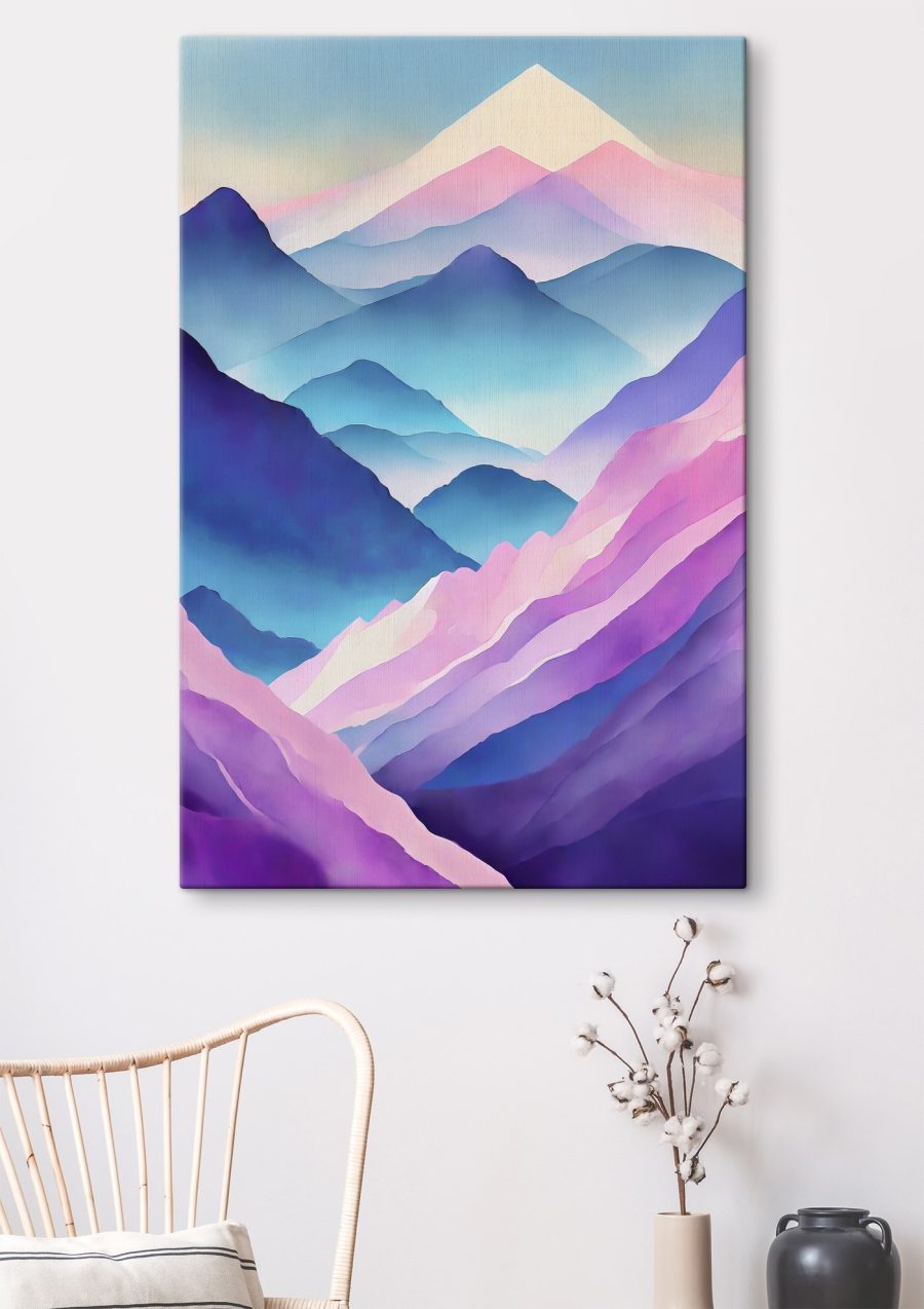 Schilderij van bergen met paarse en blauwe kleuren