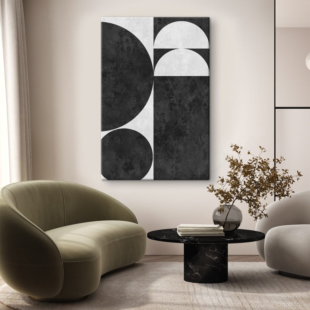 Black and white background with circles and a square
