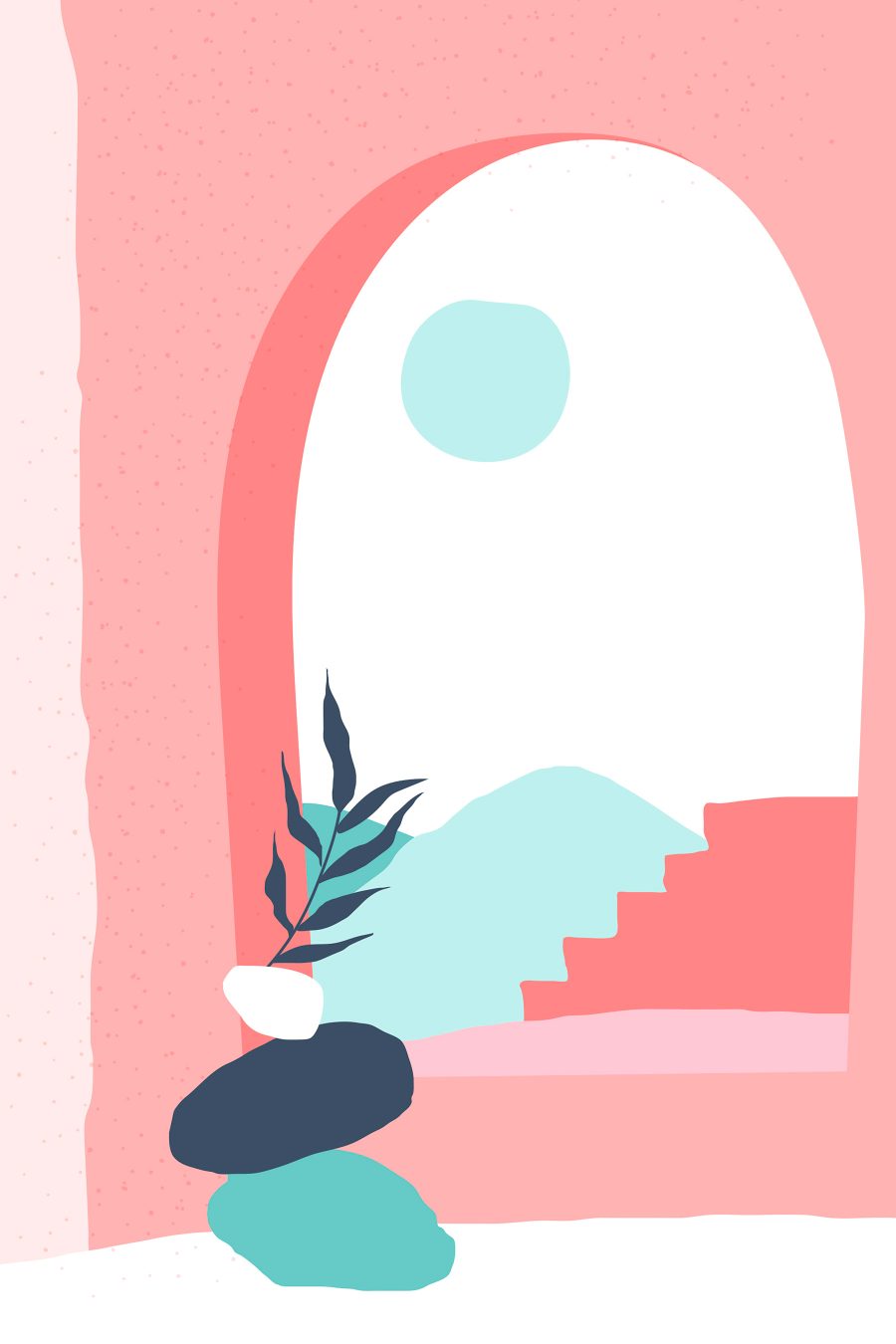 Roze en blauwe illustratie van een raam met een plant in een vaas Roze en blauwe illustratie van een raam met een plant in een vaas