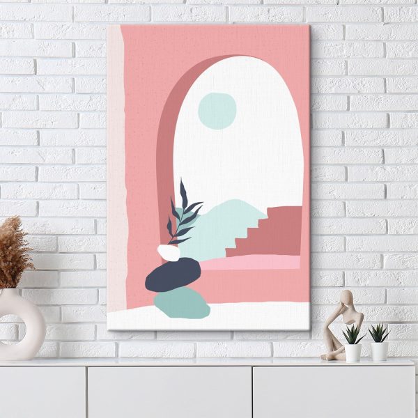 Roze en blauwe illustratie van een raam met een plant in een vaas Roze en blauwe illustratie van een raam met een plant in een vaas