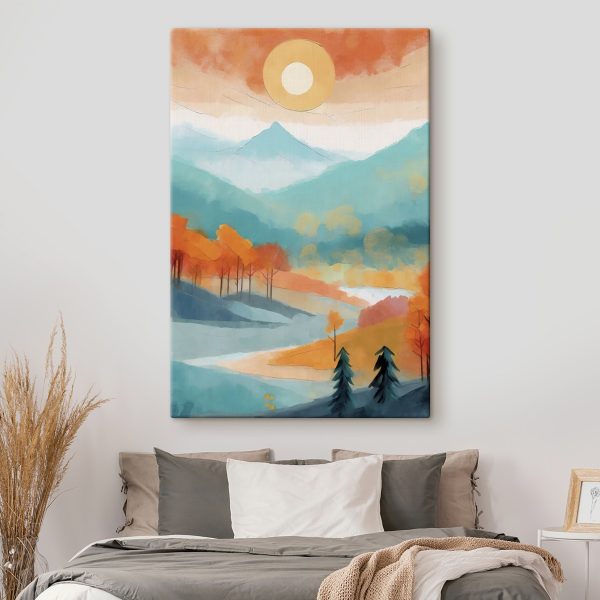 Schilderij van een landschap met bomen en bergen Schilderij van een landschap met bomen en bergen