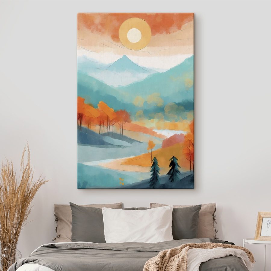 Schilderij van een landschap met bomen en bergen Schilderij van een landschap met bomen en bergen