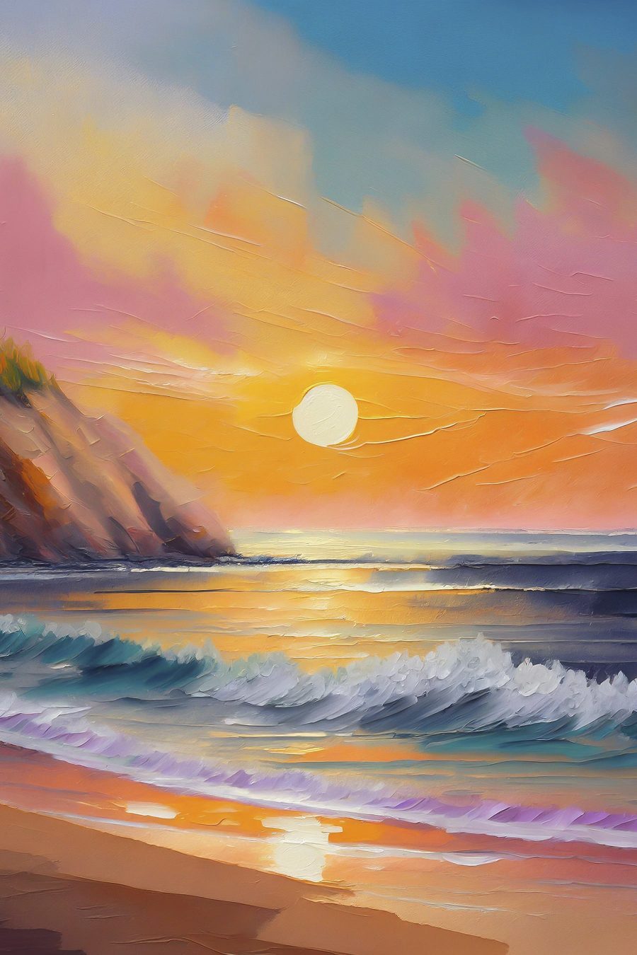 Schilderij van een strand met golven en heuvels