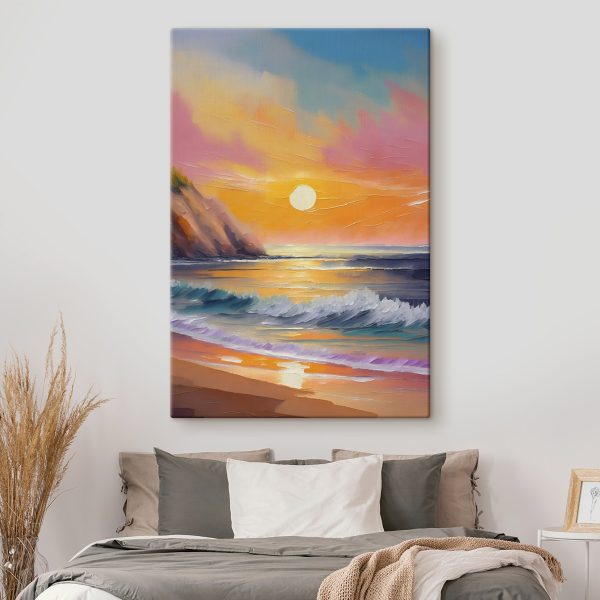 Schilderij van een strand met golven en heuvels Schilderij van een strand met golven en heuvels